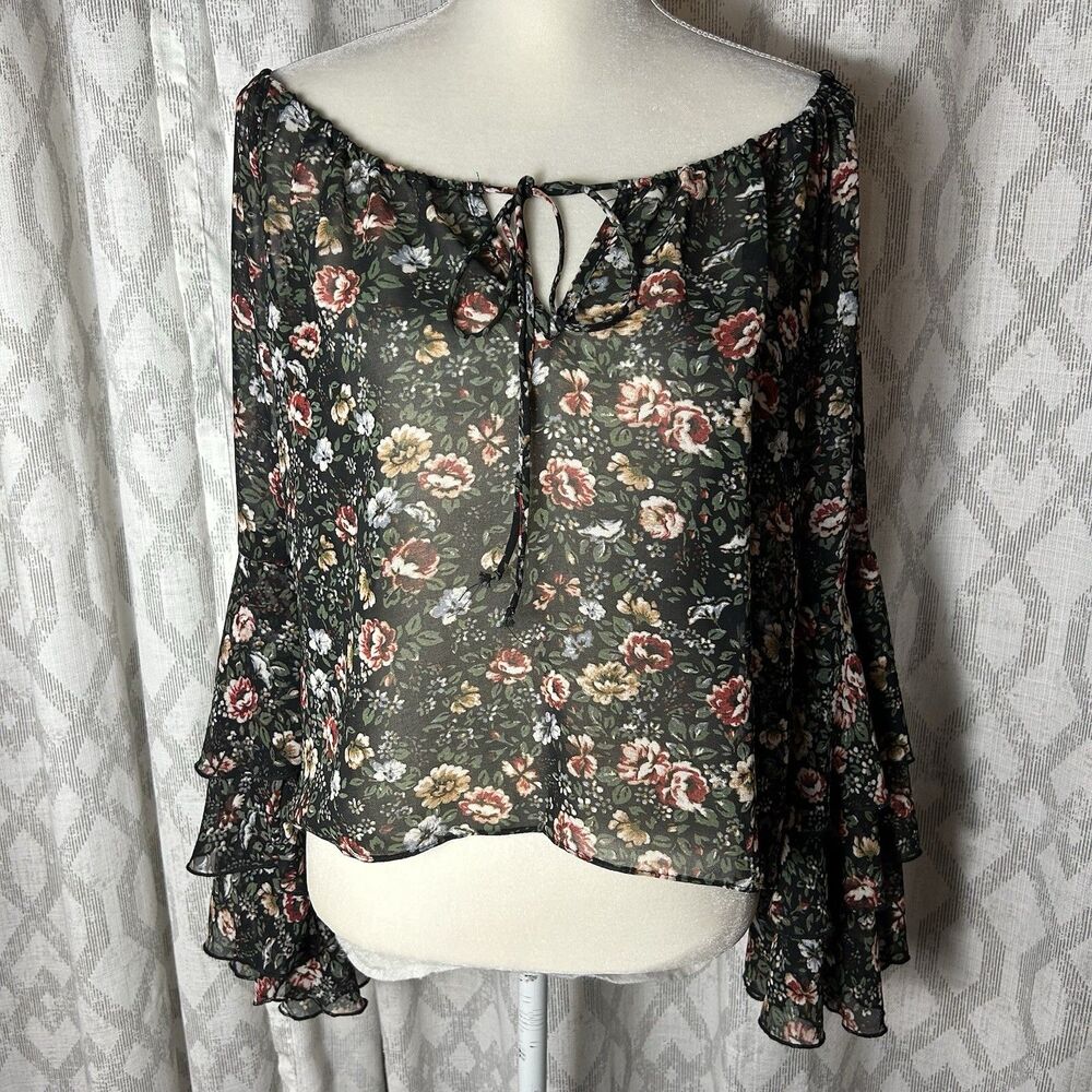Oliviaceous Womans Long Sleeve Bell Bottom Floral Sheer Top Size Medium Boho